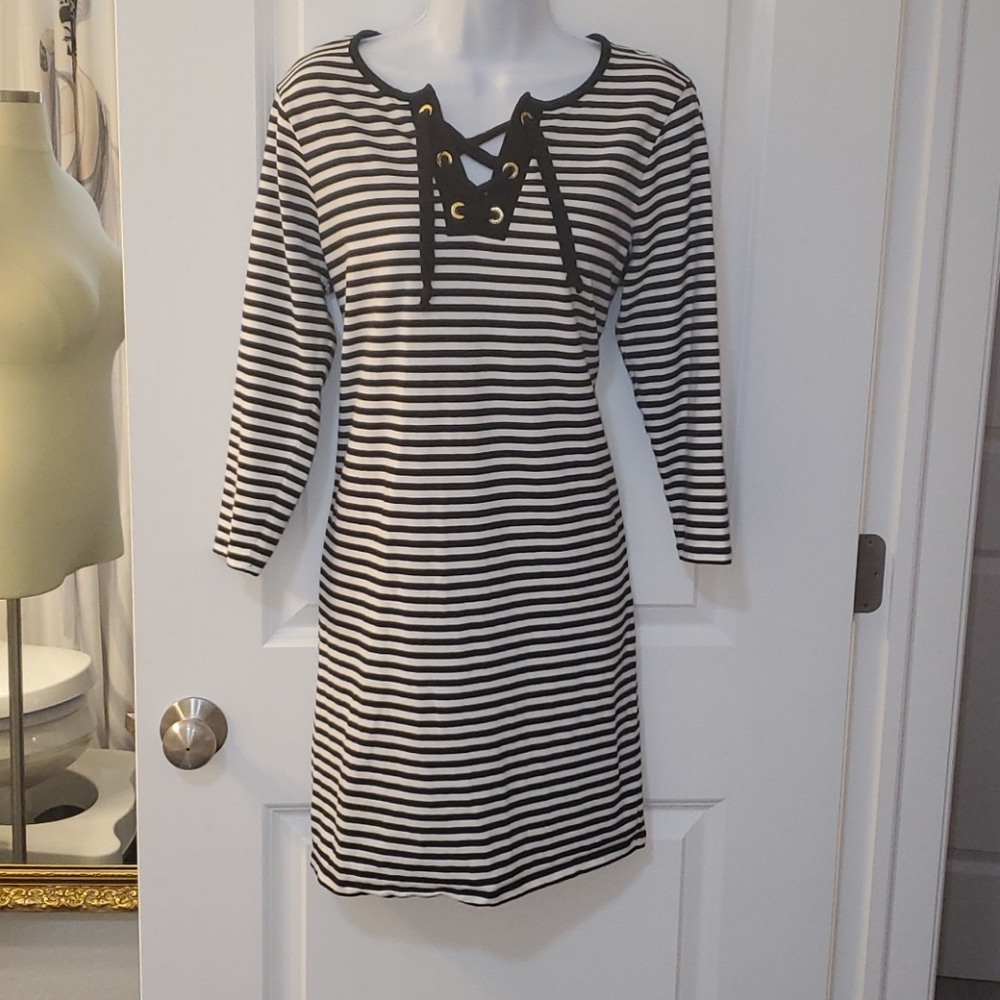 Michael Kors Black and White Striped T-shirt Dress